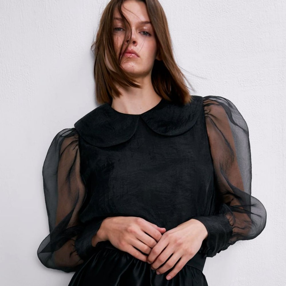 LAST 1! ZARA PETER PAN COLLAR BLACK ORGANZA BLOUSE_5